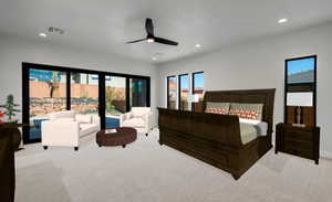 Bedroom featuring a multi sided fireplace, light carpet, and ceiling fan