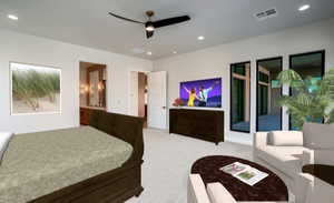 Carpeted bedroom with ceiling fan