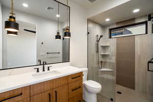 Bathroom with vanity, toilet, and walk in shower