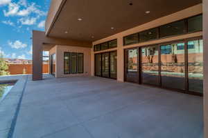 View of patio featuring a mountain view