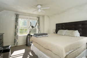 Bedroom with carpet and ceiling fan