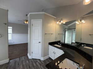 Bathroom with wood finished floors, a ceiling fan, vanity, a closet, and crown molding