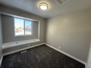 Spare room featuring a textured ceiling, carpet flooring, visible vents, and baseboards