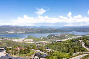 Aerial view of a water and mountain view
