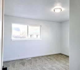 3rd bedroom with carpet floors, baseboards, visible vents, and a textured ceiling