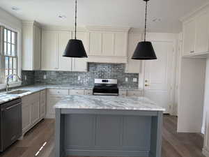 Kitchen with wood finished floors, decorative backsplash, stainless steel appliances, and a sink