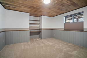 Interior space with carpet floors, wooden ceiling, and wood walls