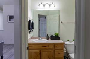 Bathroom with hardwood / wood-style flooring, vanity, and toilet