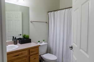 Bathroom with toilet, vanity, and a shower with shower curtain