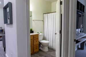 Bathroom featuring toilet, vanity, walk in shower, and wood-type flooring