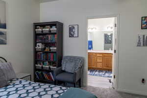 Carpeted bedroom featuring ensuite bath and sink