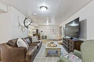 Living room featuring a textured ceiling and light colored carpet