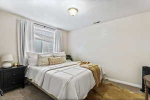 Carpeted bedroom with a textured ceiling