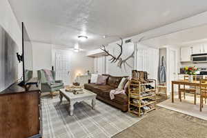 Living room featuring light wood-type flooring and a textured ceiling