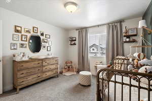 Carpeted bedroom featuring a textured ceiling