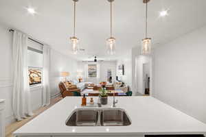 Kitchen with light wood-type flooring, sink, and decorative light fixtures