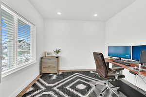 Home office with hardwood / wood-style floors