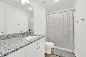 Bathroom featuring vanity, walk in shower, toilet, and hardwood / wood-style floors