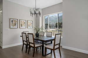 Dining room with a mountain views