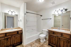 Full bathroom with bathtub / shower combination, toilet, and vanity