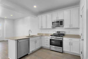 Kitchen with sink, kitchen peninsula, white cabinets, and stainless steel appliances