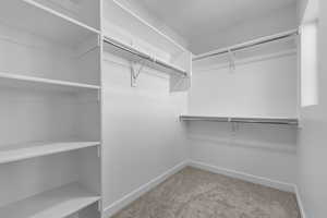 Walk in closet with light colored carpet