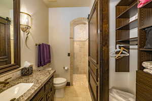 Bathroom with toilet, vanity, and tasteful backsplash