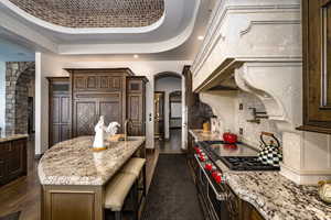 Kitchen featuring a center island with sink, high quality appliances, light stone countertops, decorative backsplash, and a tray ceiling