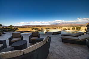 View of patio with a swimming pool with hot tub and an outdoor hangout area