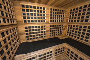 Wine room with wood ceiling