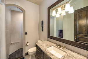 Bathroom with vanity, tasteful backsplash, toilet, and walk in shower