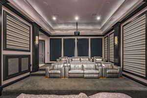 Cinema with ornamental molding, dark colored carpet, and a raised ceiling