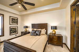 Bedroom with light carpet, ceiling fan, and a tray ceiling