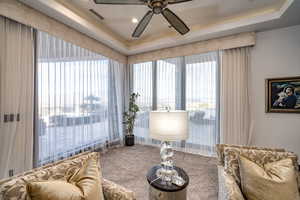 Sitting room with carpet and a raised ceiling