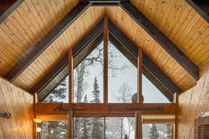 Room details featuring wooden walls, wooden ceiling, and beam ceiling