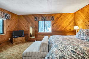 Bedroom featuring multiple windows, carpet flooring, and wooden walls