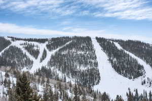 Snowy aerial view featuring a mountain view