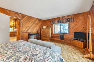 Carpeted bedroom featuring wood walls