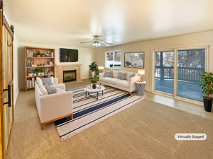 Living room with light carpet, a tiled fireplace, plenty of natural light, and a barn door