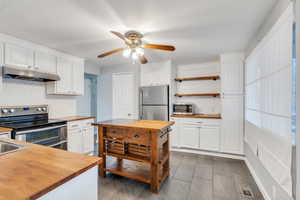 Kitchen with wood counters, appliances with stainless steel finishes, white cabinetry, ceiling fan, and decorative backsplash