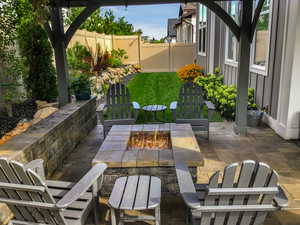 View of patio featuring an outdoor fire pit (Summer View)