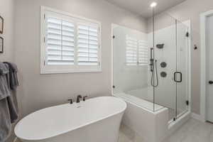 Primary Suite Bath with Euro Shower, Bench, and Large Soak Tub