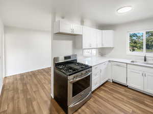 Kitchen with white cabinetry, dishwasher, gas range, and sink