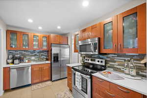 Kitchen featuring sink, backsplash, and appliances with stainless steel finishes