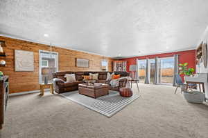 Carpeted living room with wood walls and a textured ceiling