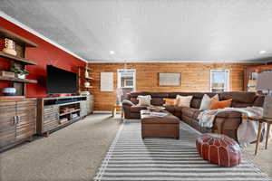 Living room with carpet and a textured ceiling