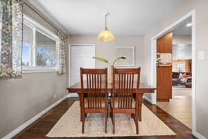 Dining area with dark hardwood / wood-style floors