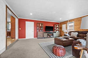 Carpeted living room with crown molding, a textured ceiling, and wooden walls