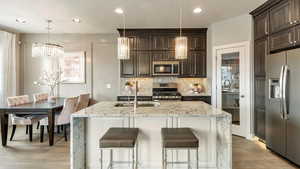 Kitchen with an island with sink, appliances with stainless steel finishes, sink, and hanging light fixtures