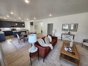 Living room featuring light hardwood / wood-style flooring and a textured ceiling